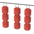 Set Of Three Red Stacked Cylindrical Lanterns Hanging On Black Rod As Household Items