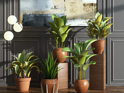 Indoor Bonsai Potted Plants With Green Leaves In Brown Ceramic Pots On Wooden Stands 3d model