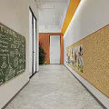 Modern Interior Space With Bookshelves Reception Desk And Orange Chairs