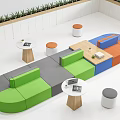 Modern Modular Public Seating With Colorful Sections Round Side Tables And Green Plants