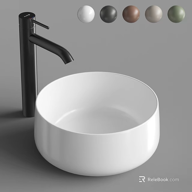 White Round Ceramic Wash Basin With Black Faucet In Modern Minimalist Design 3d model 