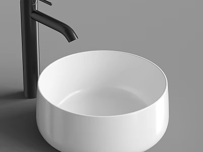 White Round Ceramic Wash Basin With Black Faucet In Modern Minimalist Design 3d model