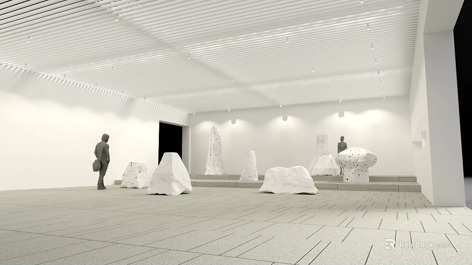 Modern Exhibition Hall Interior With White Sculptures And Human Figures 3d model 
