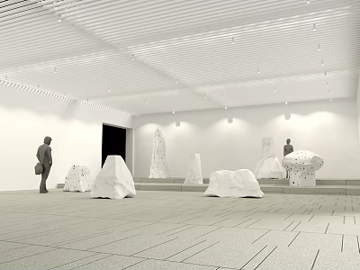Modern Exhibition Hall Interior With White Sculptures And Human Figures 3d model
