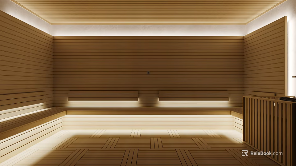 SPA Sauna Interior With Wooden Walls Benches And Warm Ambient Lighting Design 3d model 