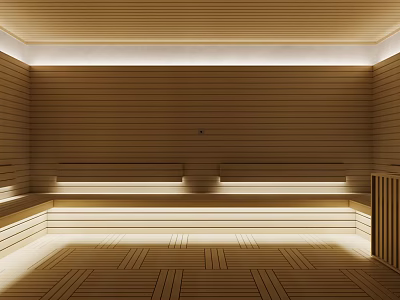 SPA Sauna Interior With Wooden Walls Benches And Warm Ambient Lighting Design 3d model