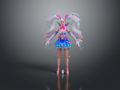 Cute Anime Style Game Character With Pink White Hair And Blue Frilled Dress 3d model