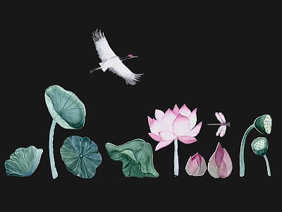 Elegant Wall Decor With Flying Crane Lotus Flower And Dragonfly On Black Background 3d model