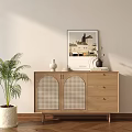 Wooden Entryway Console Cabinet with Lattice Doors Drawers and Potted Plant Decor