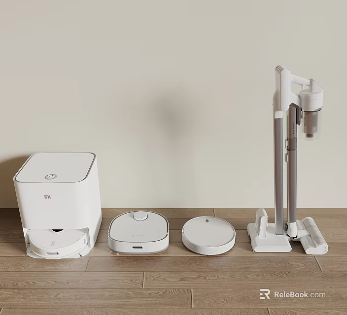 Modern White Household Cleaning Appliances Including Robotic Vacuums And Charging Dock On Wooden Floor 3d model 