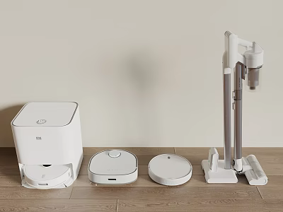 Modern White Household Cleaning Appliances Including Robotic Vacuums And Charging Dock On Wooden Floor 3d model