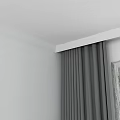 Modern Desk Interior With White Wall Grey Curtains And Wooden Frame Window