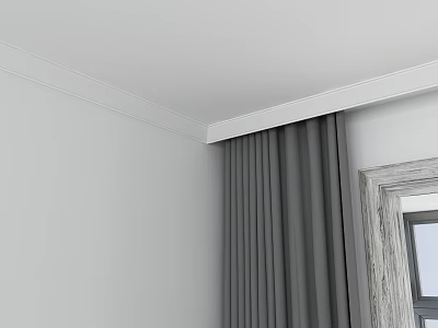 Modern Desk Interior With White Wall Grey Curtains And Wooden Frame Window 3d model