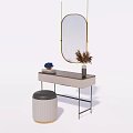 Modern Dressing Table With Oval Mirror Black Top Grey Stool And Pampas Grass 3d model