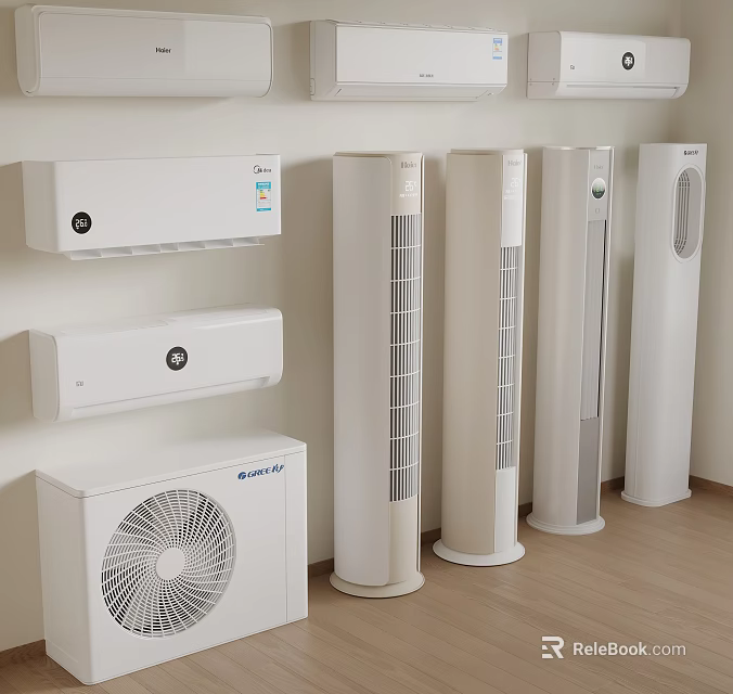 Modern Air Conditioners And Fans Display Featuring Wall Mounted And Floor Models 3d model 