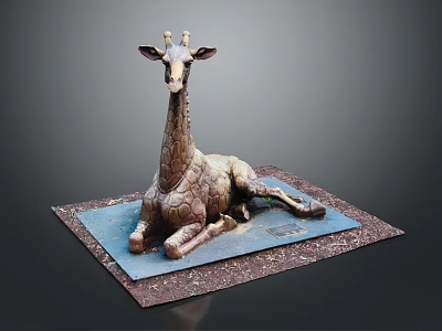 Lying Giraffe Sculpture on Blue Mat with Brown Base in Dark Background 3d model