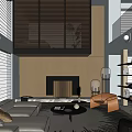 Modern Duplex Living Room With Light Colored Sofa Round Coffee Table Patterned Rug And Fireplace 3d model