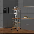 Multi tiered White Wooden Kitchen Shelf Unit Storing Appliances In Modern Kitchen Next To Refrigerator