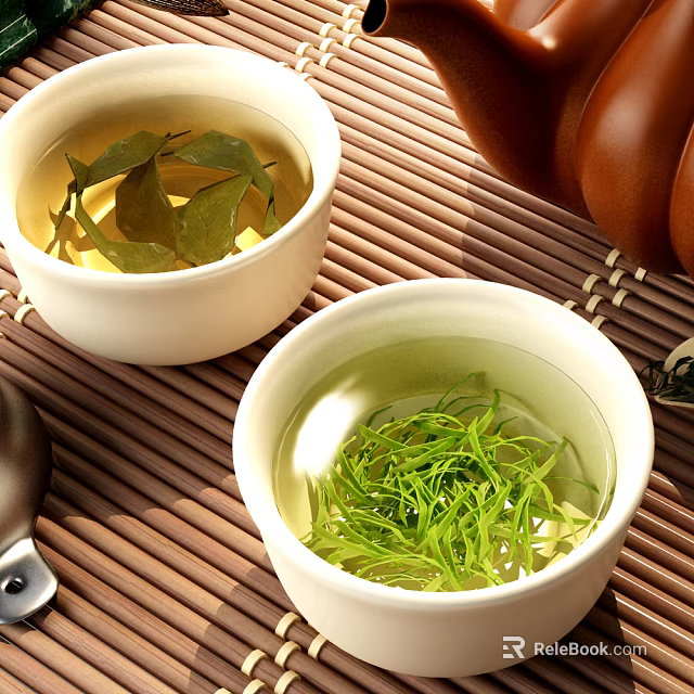 Traditional Tea Set With White Teacups Green Tea Leaves And Brown Teapot On Bamboo Mat 3d model 