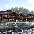 Modern Wooden Tourist Center With Lily Pond And Wooden Boardwalk In Natural Surroundings 3d model