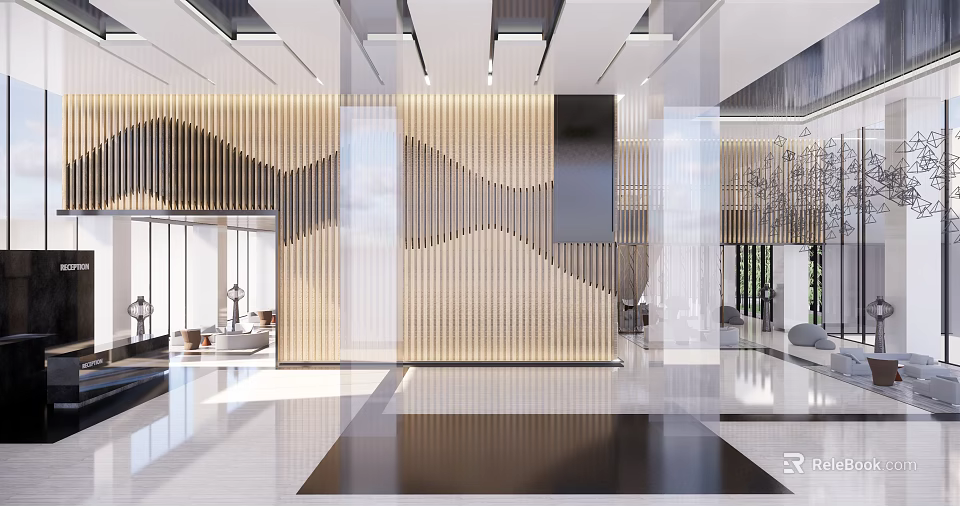 Elegant Hotel Lobby Interior Design With Modern Wooden Decor And Spacious Lighting Elements 3d model 