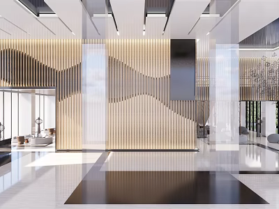 Elegant Hotel Lobby Interior Design With Modern Wooden Decor And Spacious Lighting Elements 3d model