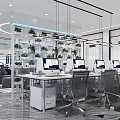 Modern Public Office Space with Desks Chairs Sofa Green Wall And Circular Ceiling Light