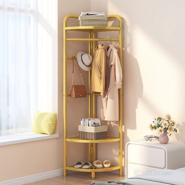 Gold Multi Tiered Clothes Rack With Coat Hat Bag And Decor In Bright Indoor Space 3d model 