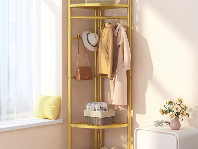 Gold Multi Tiered Clothes Rack With Coat Hat Bag And Decor In Bright Indoor Space 3d model