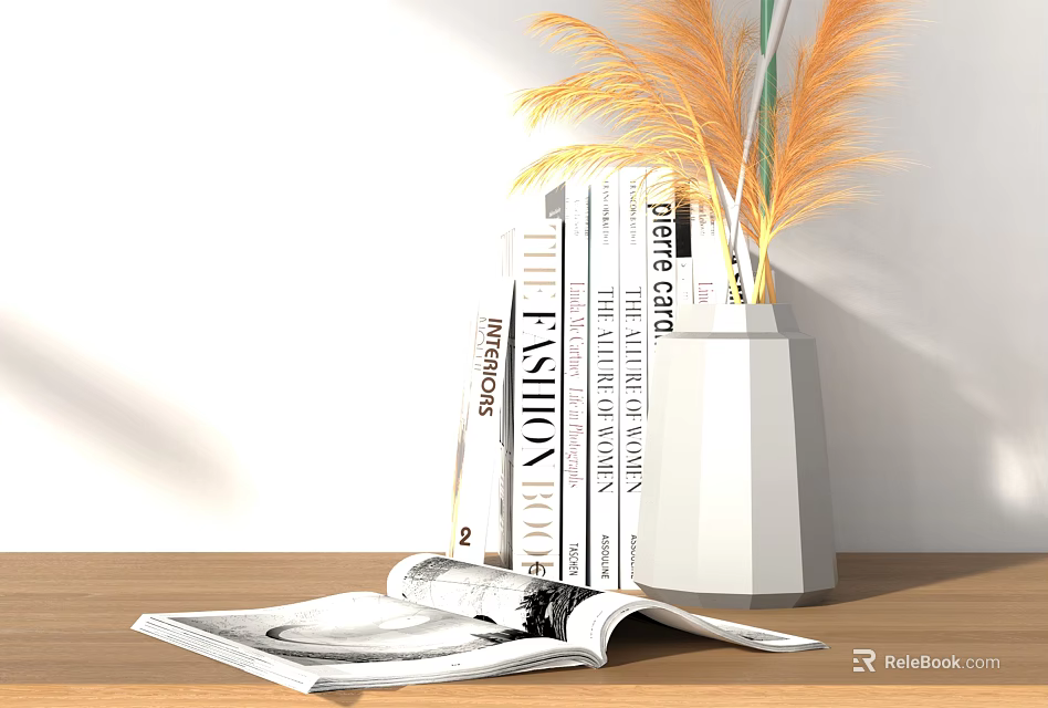 Open Magazine On Table With Stack Of Books White Vase And Yellow Feathery Plants 3d model 