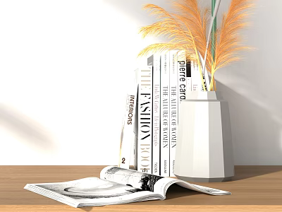 Open Magazine On Table With Stack Of Books White Vase And Yellow Feathery Plants 3d model