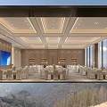 Elegant Spacious Modern Banquet Hall With Neat Dining Sets And Warm Ceiling Lighting For Events