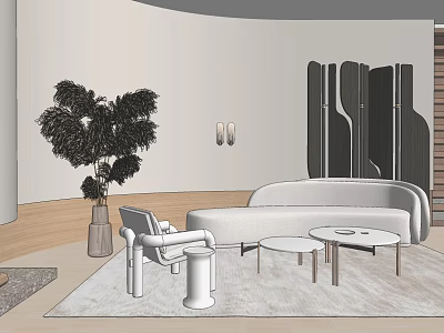 Hotel Public Lounge Area With Modern Sofa Armchair Round Coffee Tables And Large Plant 3d model