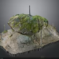 3D Rock Scene Setup With Moss Covered Surface And Support Pillars On Base