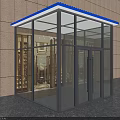 Modern Glass Double Doors With Gray Frame and Blue Canopy Against Light Wall