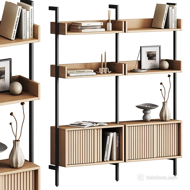 Modern Wooden Shelf Unit With Metal Frame Books Decorative Items Vases And Photo Frames 3d model 