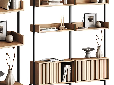 Modern Wooden Shelf Unit With Metal Frame Books Decorative Items Vases And Photo Frames 3d model