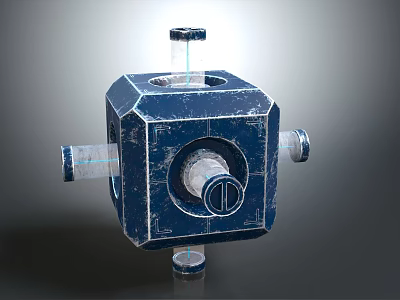 Distressed Blue Metal Box With Mechanical Elements And Central Knob Design 3d model