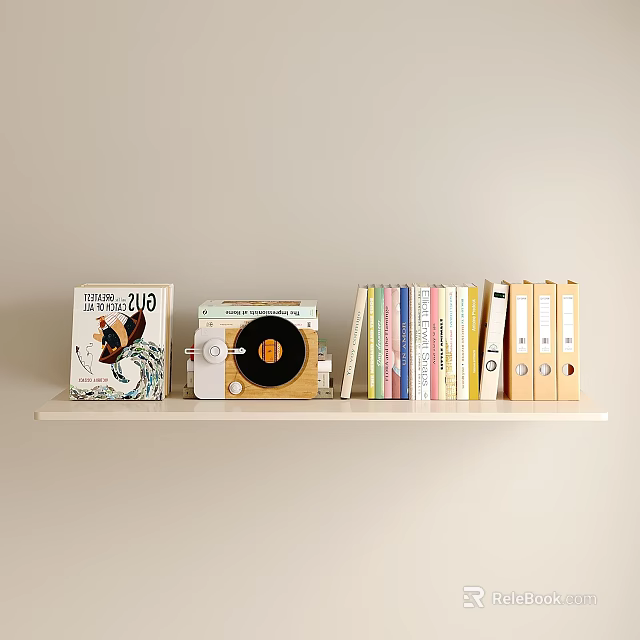 Decorative Items Set with Vogue Magazine Vintage Record Player Colorful Books Folders on Shelf 3d model 