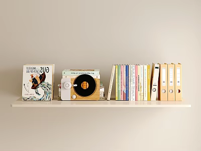 Decorative Items Set with Vogue Magazine Vintage Record Player Colorful Books Folders on Shelf 3d model