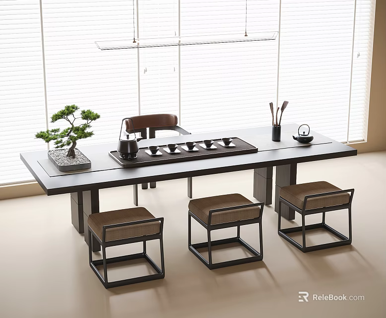 Modern Tea Table With Chairs Bonsai Plant Tea Set And Window Blinds 3d model