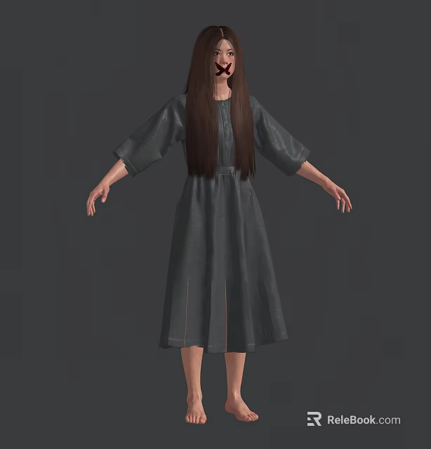 Woman in Gray Loose Dress with Long Hair Standing with Arms Naturally Extended 3d model 