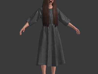 Woman in Gray Loose Dress with Long Hair Standing with Arms Naturally Extended 3d model