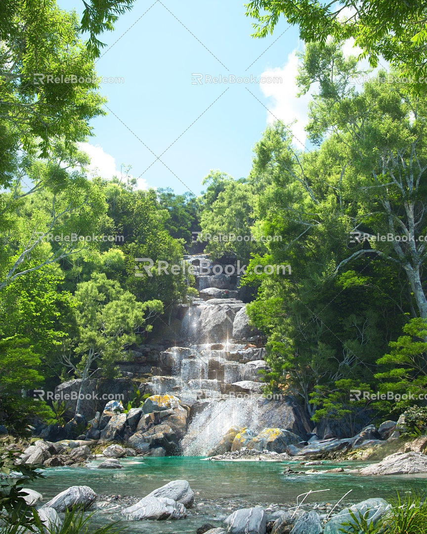 Waterfall Scenic Spot Waterfall Pool Creek Tourist Park Waterfall Mountain 3d model