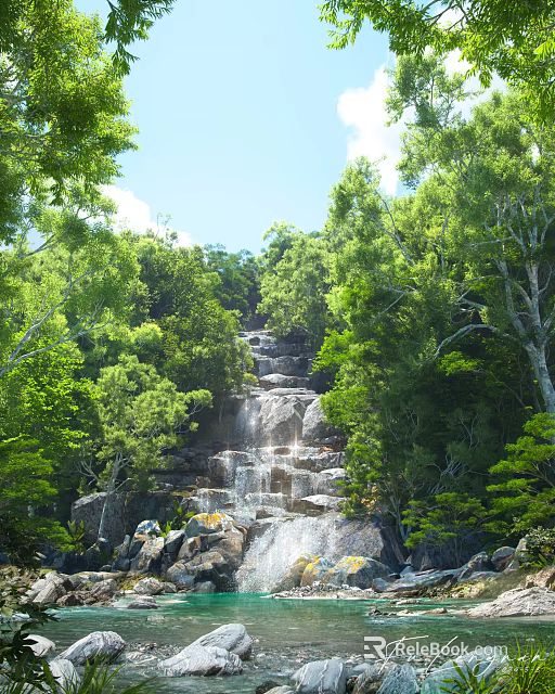 Lush Green Trees Surrounding Natural Waterfall Rocks Flowing Water Blue Sky White Clouds 3d model 