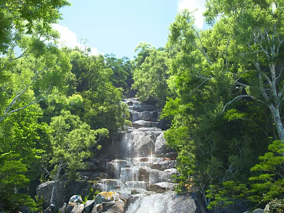Lush Green Trees Surrounding Natural Waterfall Rocks Flowing Water Blue Sky White Clouds 3d model