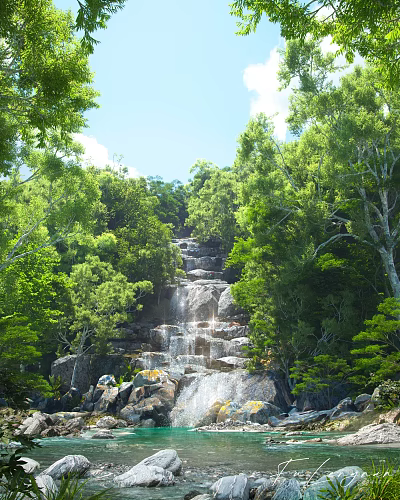 Lush Green Trees Surrounding Natural Waterfall Rocks Flowing Water Blue Sky White Clouds 3d model