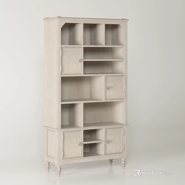 Modern White Bookcase Design With Open Shelves And Cabinet Doors For Storage 3d model 