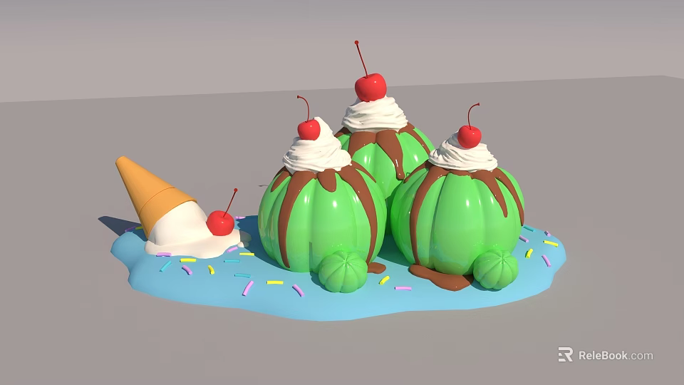 Green Ice Cream Scoops With Chocolate Sauce Whipped Cream Cherries Cone And Colorful Sprinkles 3d model 