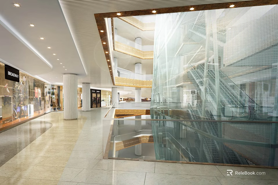 Spacious Shopping Mall Lobby With Glass Staircase High Ceiling And Reflective Floor Design 3d model 